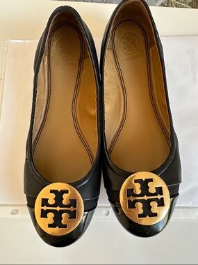 Tory Burch Black Leather Flats with Gold Logo Disc